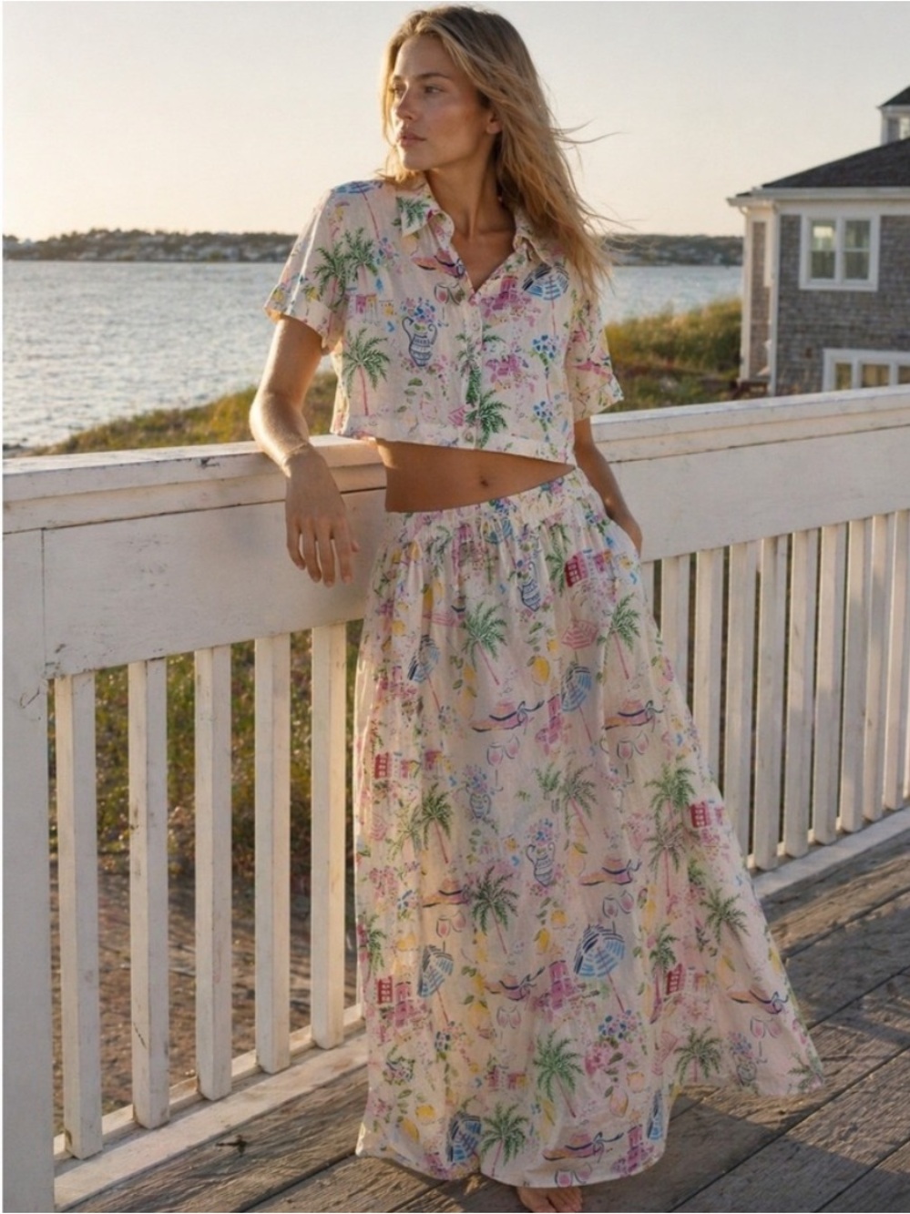 Calypso St. Barth Linen Set Women L Mediterranean MAXI Skirt Top Crop